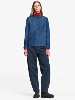 Blouse col mao en coton effet denim - Bleu