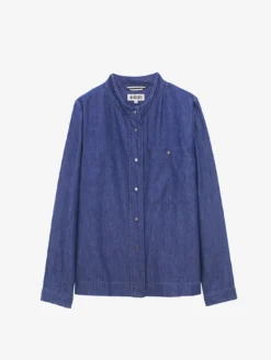 Blouse col mao en coton effet denim - Bleu