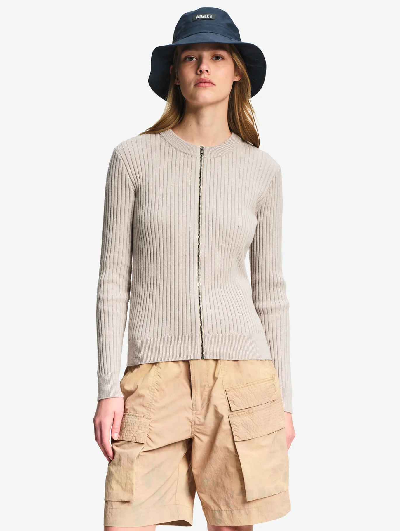 Cardigan côtelé en coton et laine - Gris