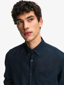 Chemise en lin à manches longues avec poche - Bleu