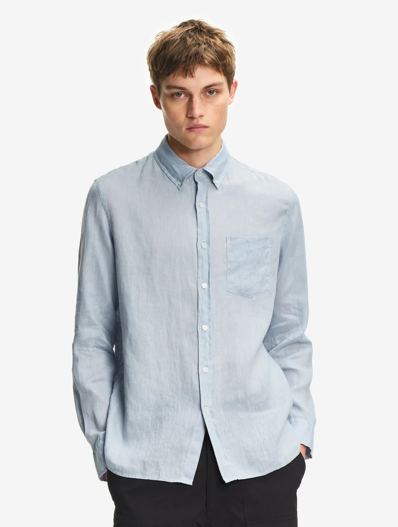 Chemise en lin à manches longues avec poche - Bleu