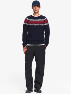 Pull jacquard laine mérinos mélangée - Bleu