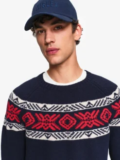 Pull jacquard laine mérinos mélangée - Bleu