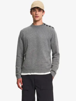 Pull marin à col rond et boutonnage épaule - Gris