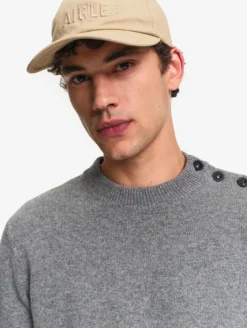 Pull marin à col rond et boutonnage épaule - Gris