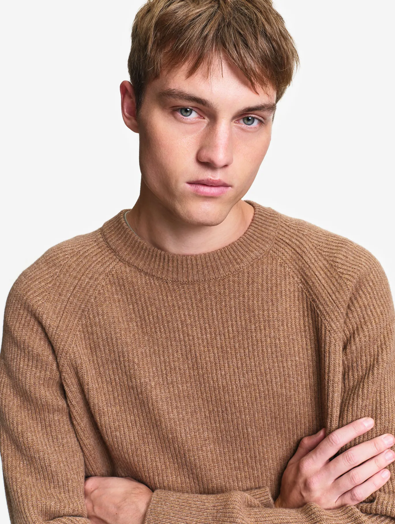 Pull raglan en laine côtelée mélangée - Marron