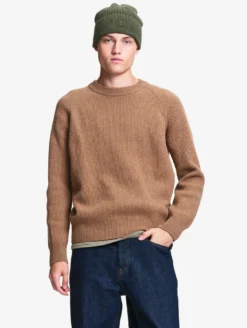 Pull raglan en laine côtelée mélangée - Marron