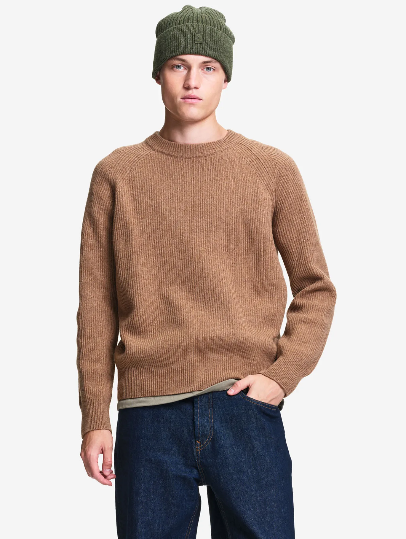 Pull raglan en laine côtelée mélangée - Marron