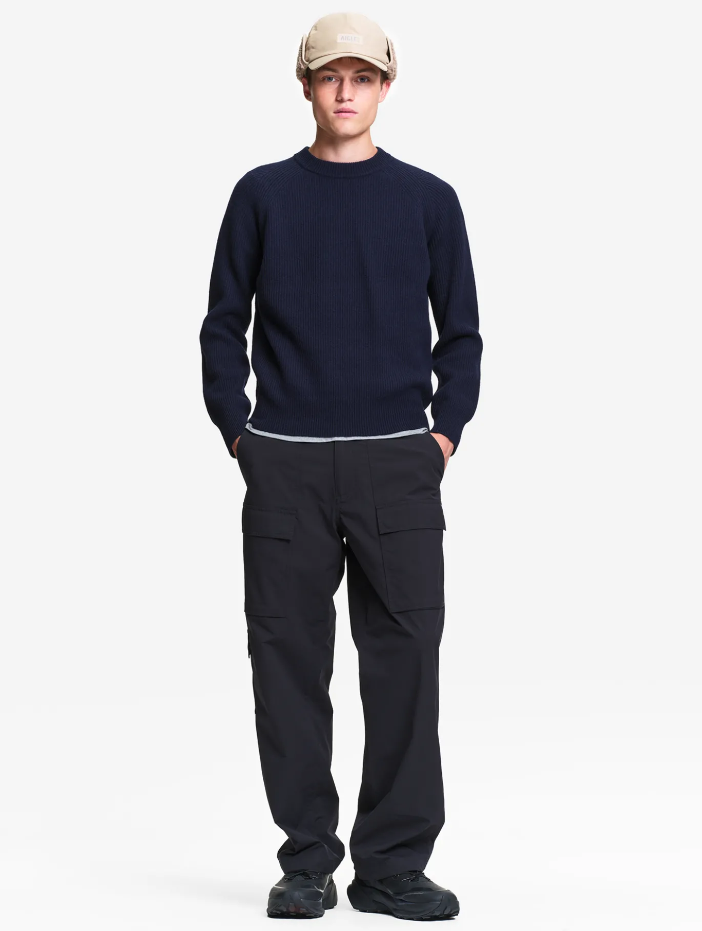 Pull raglan en laine côtelée mélangée - Bleu