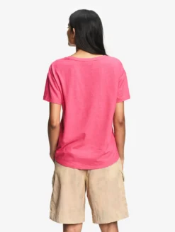 T-shirt en coton et lin à col V - Rose
