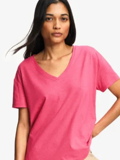 T-shirt en coton et lin à col V - Rose