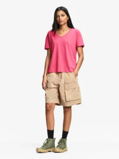 T-shirt en coton et lin à col V - Rose