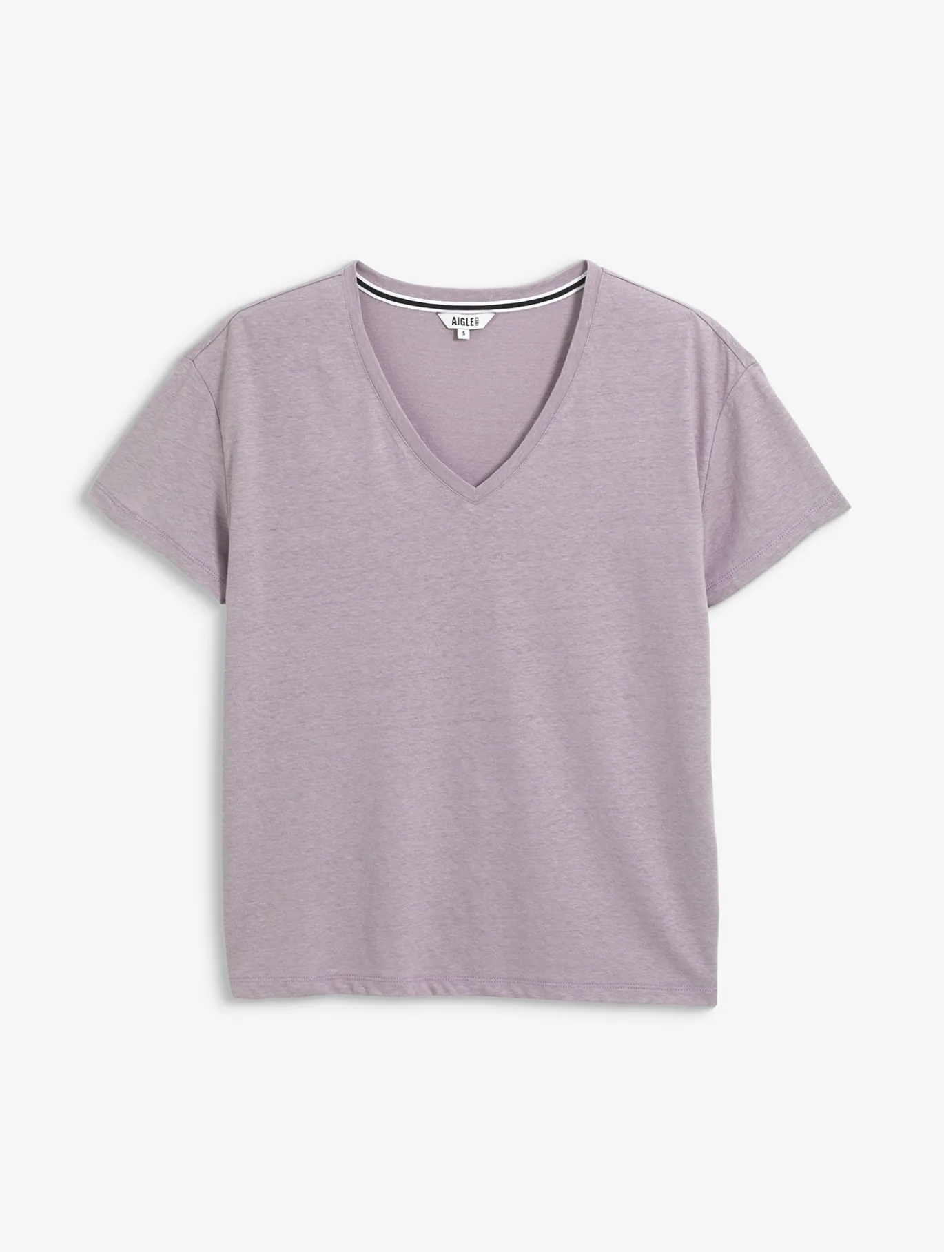 T-shirt en coton et lin à col V - Violet