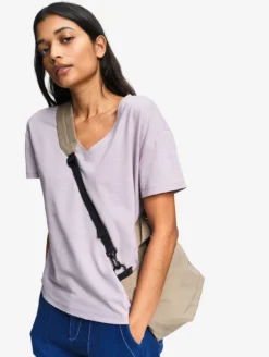 T-shirt en coton et lin à col V - Violet