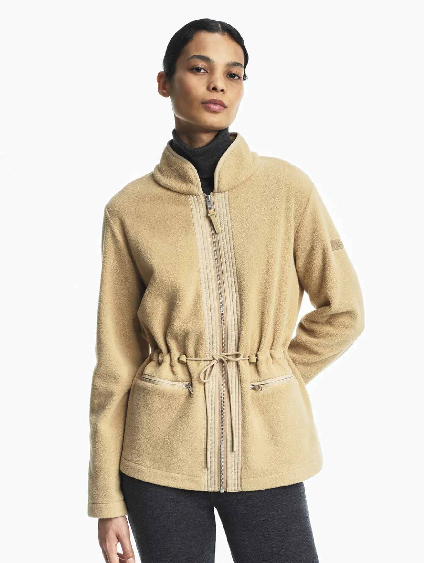 Veste polaire zippée bi-matière, touché peau de pêche - Beige