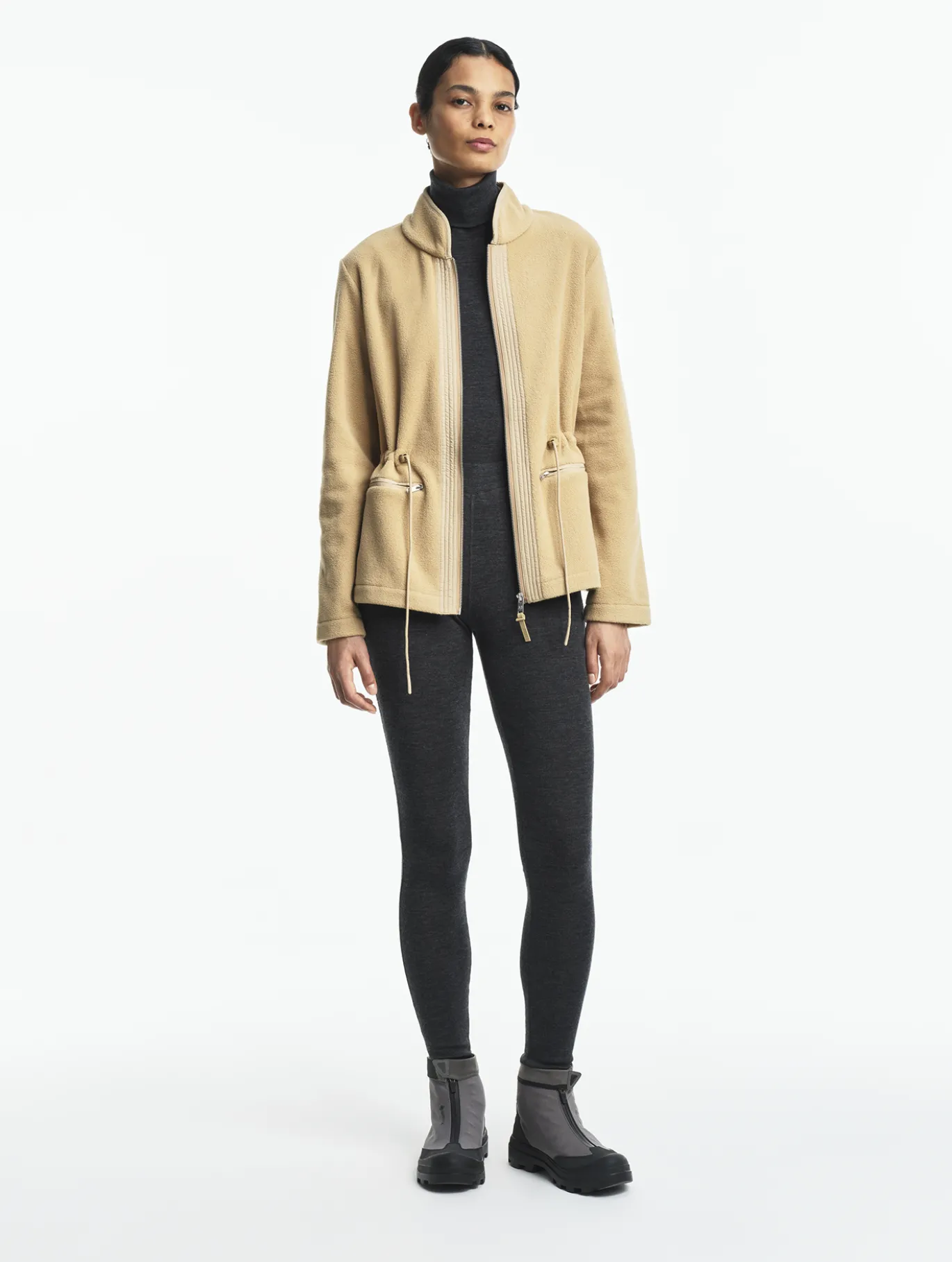 Veste polaire zippée bi-matière, touché peau de pêche - Beige