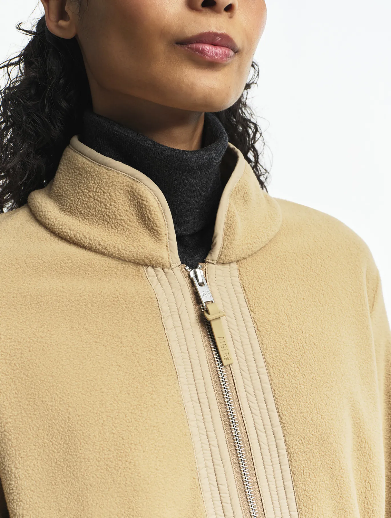 Veste polaire zippée bi-matière, touché peau de pêche - Beige