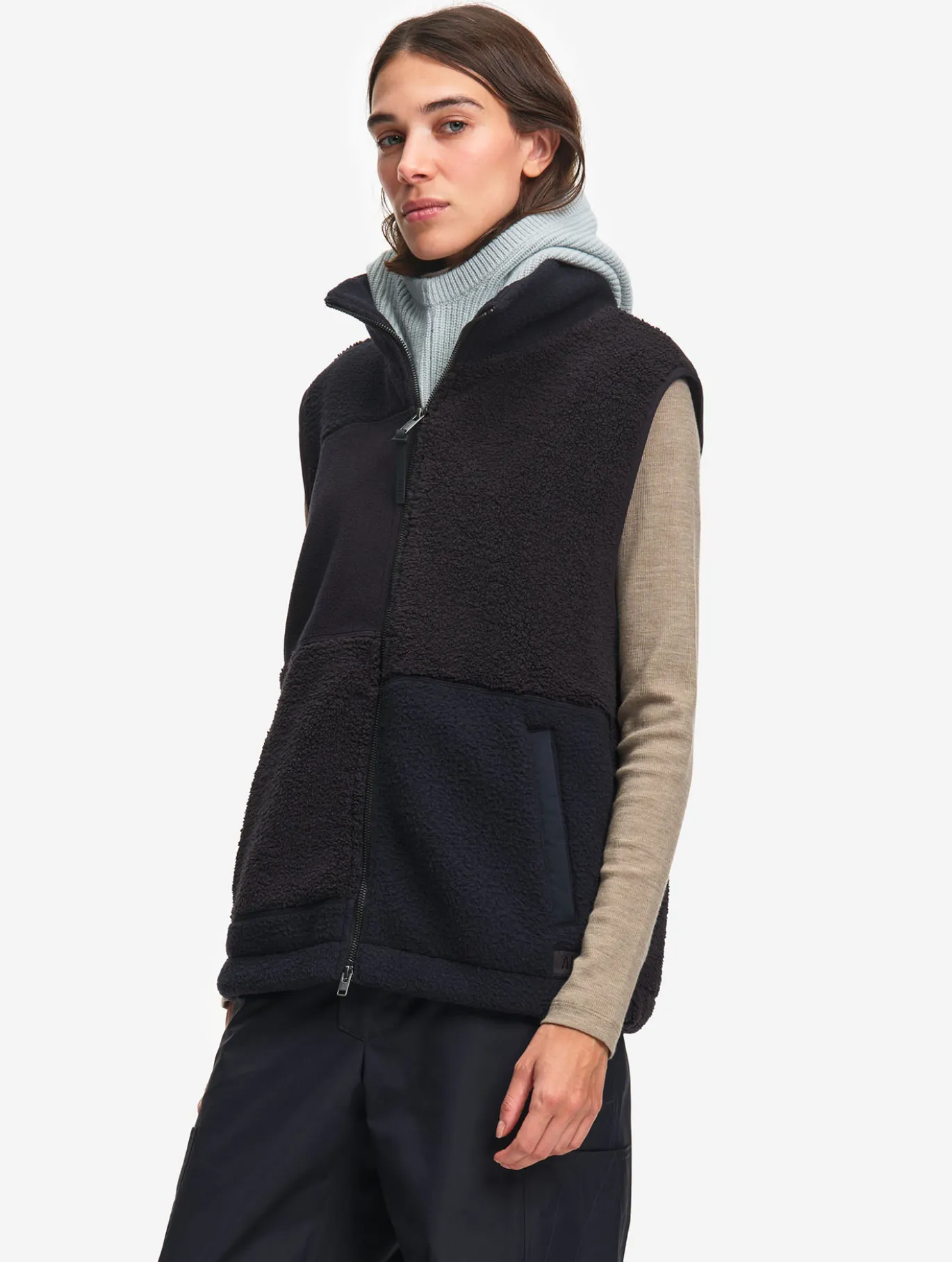 Veste zippée sans manches en sherpa patchwork - Noir