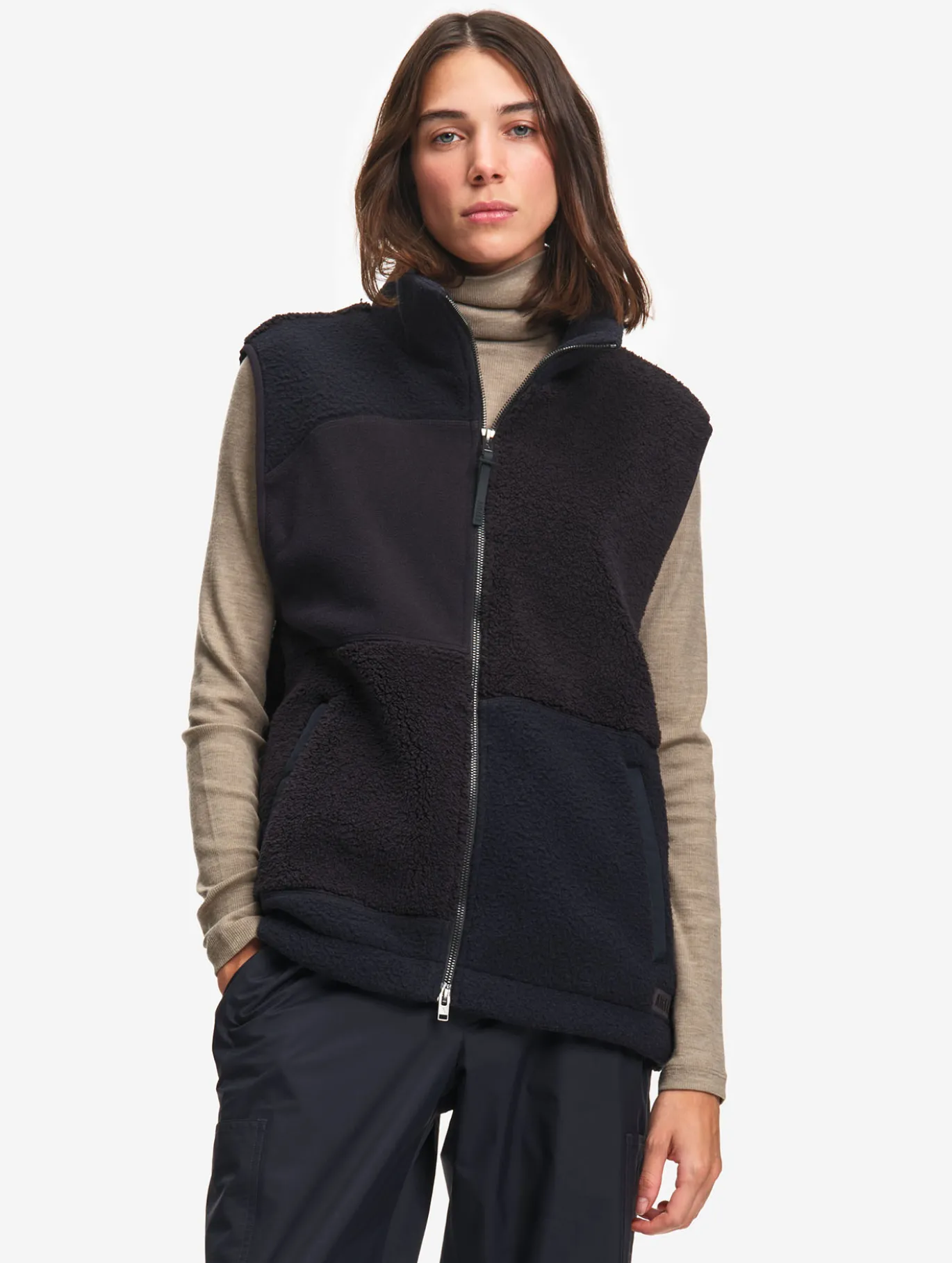 Veste zippée sans manches en sherpa patchwork - Noir