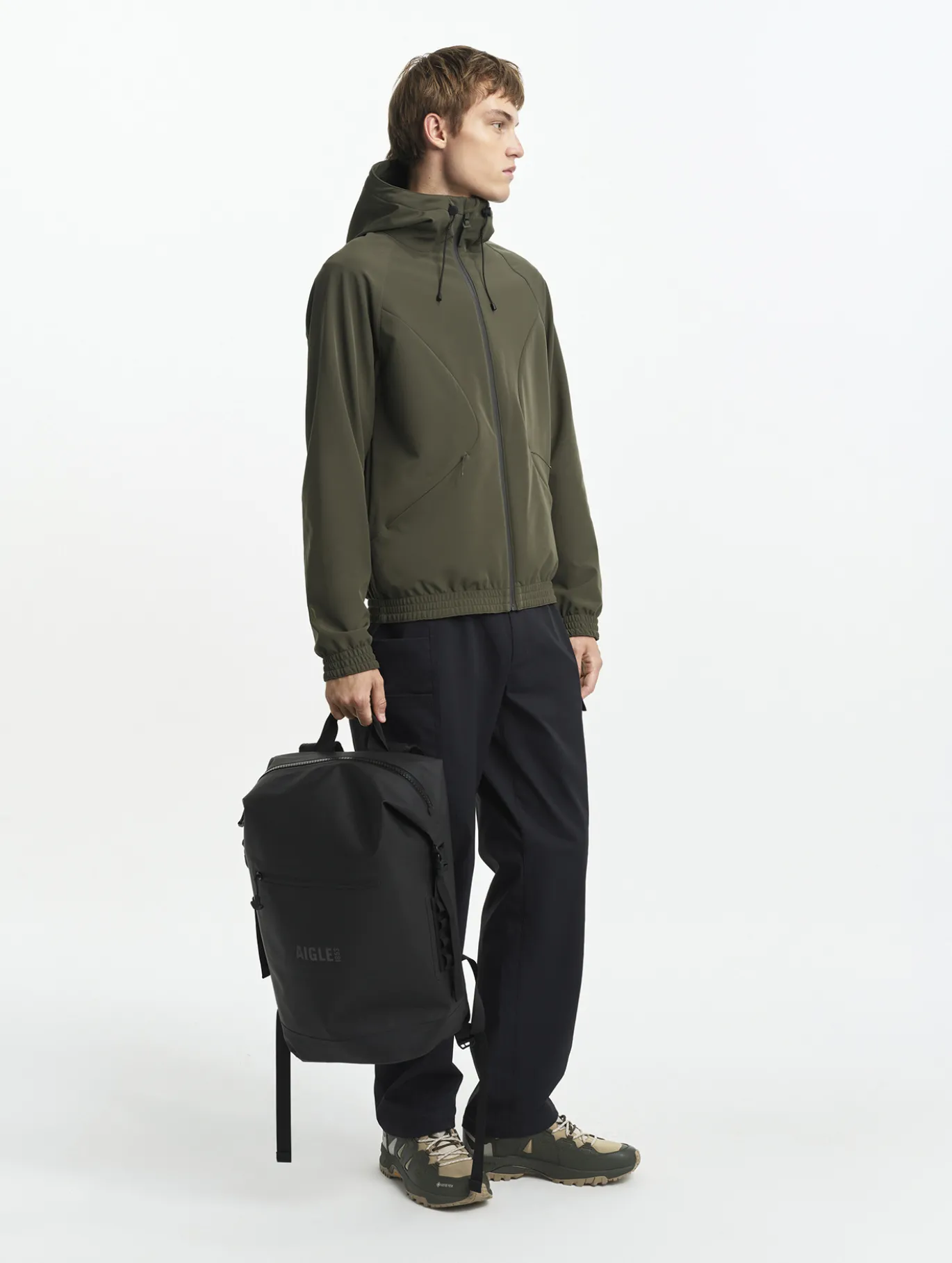 Veste zippée softshell à capuche coupe-vent - Kaki